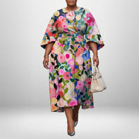 ROSALIE | Bloom Print Midi with Sculpted Waist and Flowing Grace