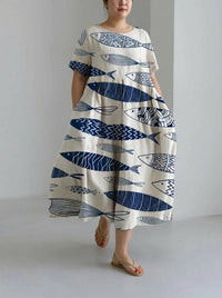 Emma | Fish Print Loose Round Neck Medium Length Skirt Dress