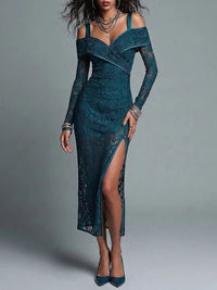 Midi Evening Dress Bodycon with V-Neck, Long Sleeves, and High Split in Lace with Exposed Shoulders