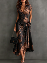 Midi Wallet Dress with Abstract Brown Print, V-Neck Collar, Short Sleeves, Bow Waist, Asymmetrical Ruffle Hem