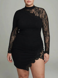Paisley | Black Turtleneck Lace Asymmetrical Tulle Long Sleeve Mini Dress