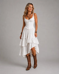 Retro Boho Corset Tiered Midi Dress With Lace-Trim