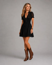 Classic Muse Smocked Lace-Trim Black  Mini Dress
