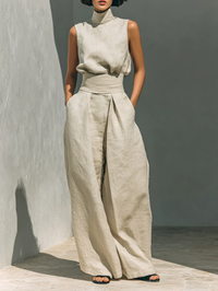 Aurora | Set consisting of a sleeveless beige top in a cotton-linen blend and wide-leg pants