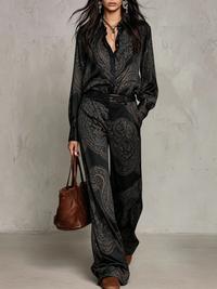 Complete Satin Shirt with Long Sleeves and Black Print with Wider Pants