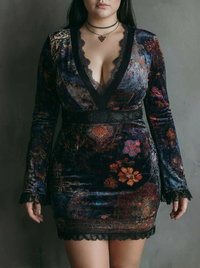 Ellie | Floral Print V-Neck Velvet Lace Trim Slim-Fit Mini Dress
