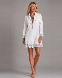Bohemian Eyelet Hem Resort White Shirt Mini Dress