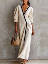 Maxi Dress for Women in Beige Linen with V-Neck and Lantern Sleeves with Black Trimmings