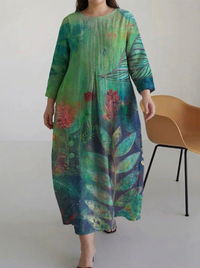 Victoria | Casual Multi Leaves Print Long Sleeve Midi Dress
