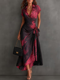 Midi Wallet Dress with Abstract Red and Black Print, V-Neck Collar, Short Sleeves, Bow Waist, Asymmetrical Hem with Ruffles